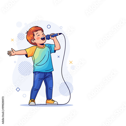 Cute young boy singing enthusiastically into a microphone with arms wide open for a childhood talent or music education concept illustration