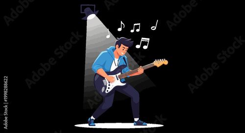 Young man playing electric guitar on stage with spotlight and music notes