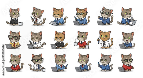 Collection of cartoon cats in business attire using laptops and phones