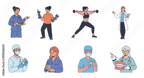 Medical professionals and fitness enthusiasts illustrations