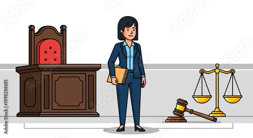Cartoon female lawyer standing in courtroom with judge gavel and scales