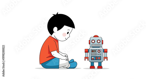 Boy sitting next to robot toy.
