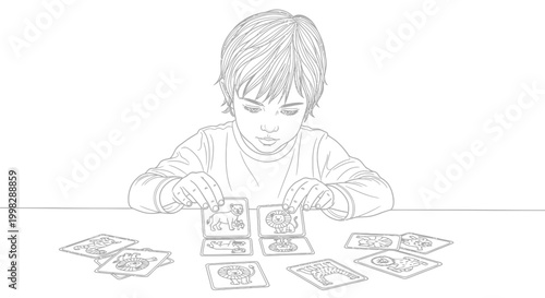 Boy playing with trading cards.