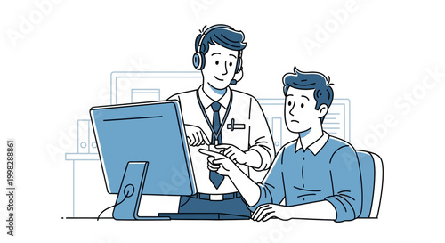 Two men sitting at a desk with a computer IT support