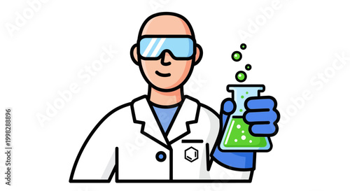 Cartoon scientist in lab coat holding green beaker with bubbles