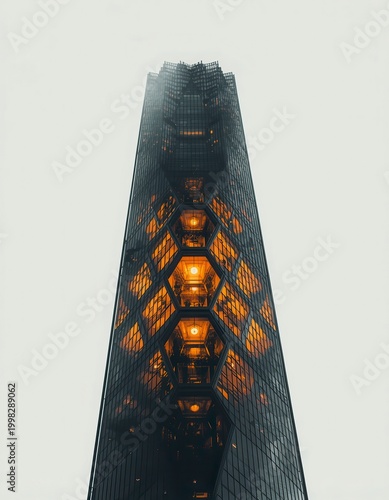 Modern futuristic skyscraper with glowing hexagonal windows on white background