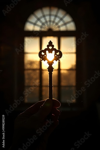 Silhouette of an intricate vintage ornate key held against a golden sunset window background
