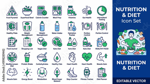 Mega Pack Icon Set Vector Nutrition and diet healthy eating habits and weight loss management flat line illustrations