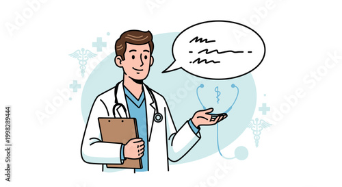 Smiling doctor talking on phone with clipboard medical symbols