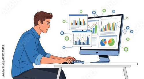 Businessman analyzing data on computer with graphs and charts