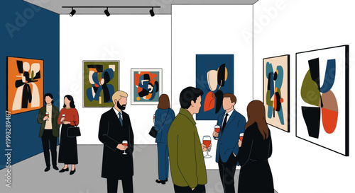 People looking at abstract art in a modern art gallery