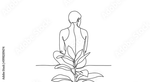 Continuous line drawing of a serene woman sitting with a plant