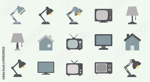 Collection of lamps and televisions icons.