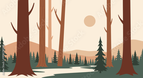 Tall brown trees in forest landscape.