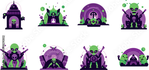 Alien Invasion Cartoon Scene Set with UFO Creatures Portals Monsters and Sci Fi Fantasy Elements for Game Design Stickers and Halloween Illustration