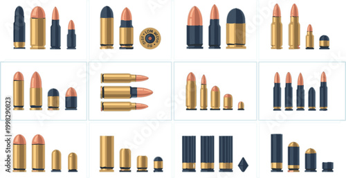 Ammunition Bullet Cartridge Set with Different Caliber Rounds Shell Casings and Firearm Ammo Types for Military Defense Shooting and Weapon Design