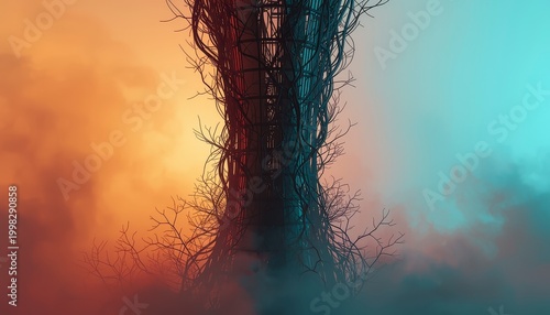 Futuristic parametric structure silhouette with vines and roots in foggy orange and teal atmosphere