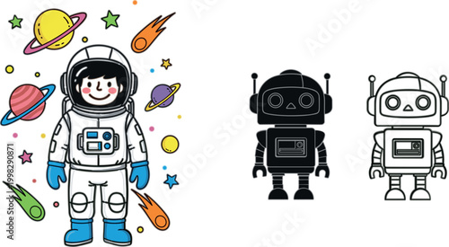 Cartoon Astronaut and Robot Character Set with Planets Stars Comets and Space Elements for Kids Science Illustration and Cute Sci Fi Design