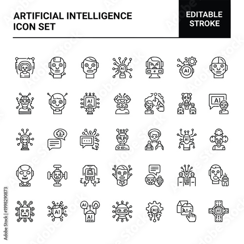 Artificial intelligence and machine learning icon collection for editable use