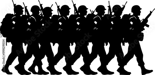 Military soldiers marching in row with rifles and equipment silhouettes.
