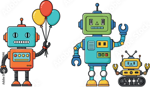 Cute Cartoon Robot Characters with Balloons Friendly Android Companions and Small Toy Bot Illustration Set for Kids Technology and Fun Design