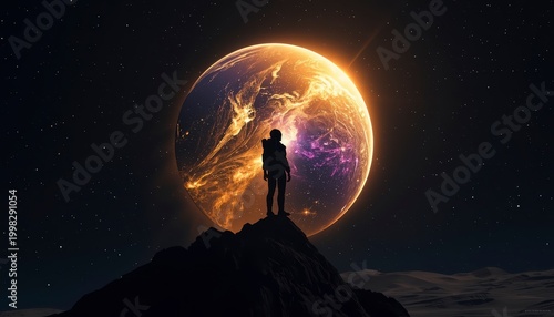 Silhouette of a female astronaut standing on a mountain peak looking at a glowing nebula planet in deep space