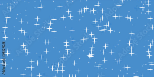 Seamless background pattern of evenly spaced white plus symbols of different sizes and opacity. Vector illustration on blue background with stars