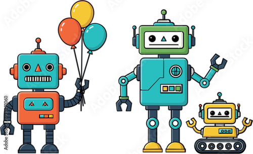 Cute Cartoon Robot Characters with Balloons Friendly Android Machines and Toy Bot Illustration Set for Kids Technology Design and Fun Sci Fi Graphics