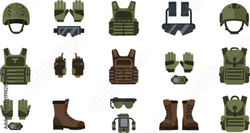 Military Gear Equipment Icon Set with Helmet Gloves Vest Boots Backpack Radio Goggles and Tactical Protection Items for Army Combat and Defense Design