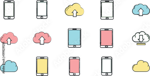 Mobile Cloud Storage and Data Upload Icon Set with Smartphones, Backup Symbols, Sync Arrows, and Network Technology Elements for Apps and UI Design
