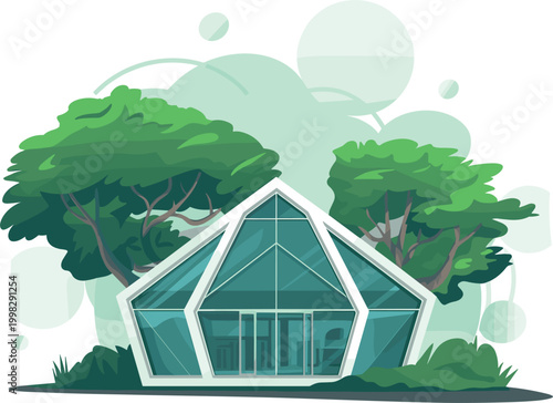 Modern eco glass house architecture in nature, futuristic geometric greenhouse or tiny home with green trees vector illustration