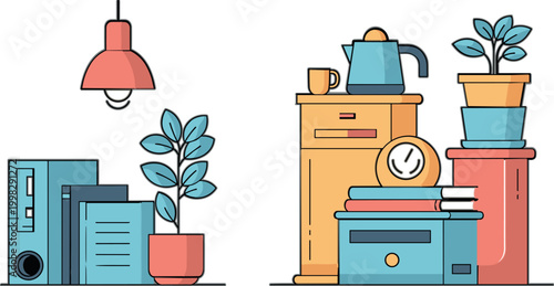 Modern Home Office Storage Illustration with Filing Cabinets Boxes Books Desk Lamp Clock and Indoor Plants for Organized Workspace Interior Design