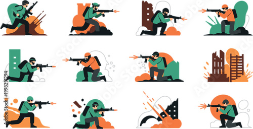Modern Military Combat Illustration Set with Soldiers Shooting Rifles Tactical Positions Urban Warfare Scenes and Defense Action Graphics for Game Design
