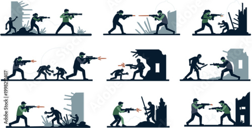 War Combat Silhouette Scene Set with Soldiers Shooting Rifles Battlefield Action Urban Ruins and Military Engagement Graphics for Defense and Game Design