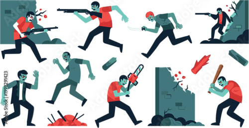 Zombie Apocalypse Action Scene Illustration Set with Infected Characters Survivors Weapons Chase Attack and Horror Game Elements for Dark Cartoon Design