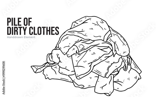 A hand-drawn illustration of a large pile of crumpled dirty clothes, depicted in black and white line art.