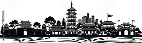 Asian Skyline Silhouette with Pagoda and Traditional Temples