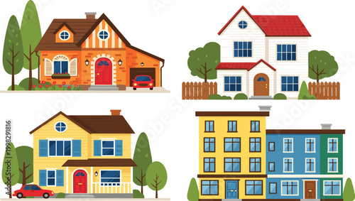 Colorful Flat Design Residential House and Apartment Building Vector Illustration Set with Trees and Cars for Real Estate
