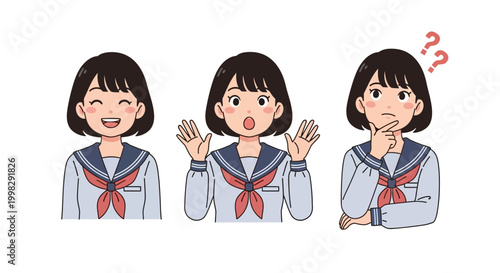 Expressive collection of a cute Japanese high school girl in a sailor uniform, showcasing diverse emotions like cheerful happiness, surprised amazement, and thoughtful contemplation