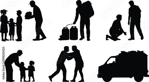 Humanitarian aid silhouettes showing giving supplies, carrying containers, family guidance, conflict struggle, vehicle transport, community support, social interaction scenes