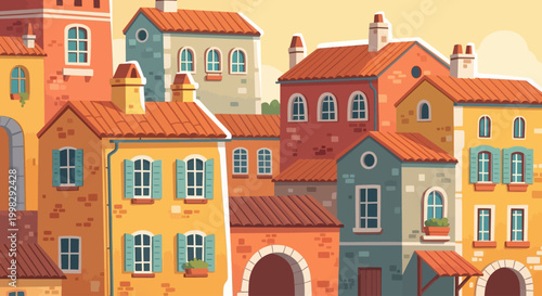 Colorful houses with orange roofs.