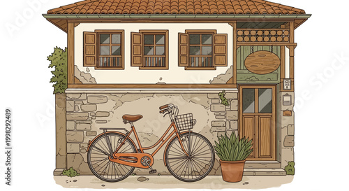 Red bicycle with basket parked outside.