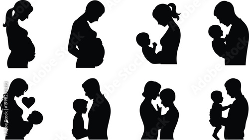 Pregnant women and parents with children silhouettes showing love, care, affection, family bonding, nurturing relationships, and parenthood lifestyle themes