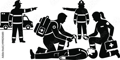 Firefighter icons representing rescue, equipment, and emergency response actions
Black silhouette illustration of firefighters with protective gear, hose, axe, tools, teamwork artwork representing 