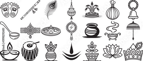 Hindu Festival Icons Set featuring Religious Symbols and Traditional Indian Culture Elements in Black and White Line Art Style