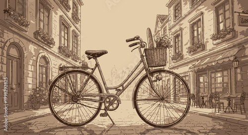 Vintage bicycle with basket parked.