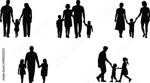 Vector silhouettes of diverse family groups walking together, parents and children bonding, caregiving relationships, lifestyle concept for stock illustration