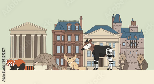 Cow standing on urban city sidewalk.