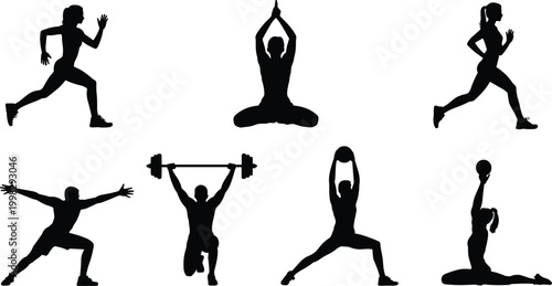 Vector silhouettes of fitness exercises including running, yoga, weightlifting, stretching, and strength training poses for health and wellness design