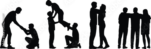 Vector silhouettes of teamwork, support, and connection, people helping, embracing, lifting, bonding together, cooperation concept for stock illustration
